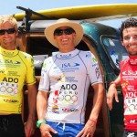 2012 ISA competitors from left Colin McPhillips (USA), Jamie Mitchell (AUS) and Antoine Delpero (FRA) have a combined 16 World Titles. The lycras featured the Olympic Rings, as the Peru Olympic Committee sponsored the event. Photo: ISA/Tweddle