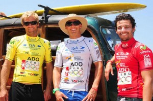 2012 ISA competitors from left Colin McPhillips (USA), Jamie Mitchell (AUS) and Antoine Delpero (FRA) have a combined 16 World Titles. The lycras featured the Olympic Rings, as the Peru Olympic Committee sponsored the event. Photo: ISA/Tweddle