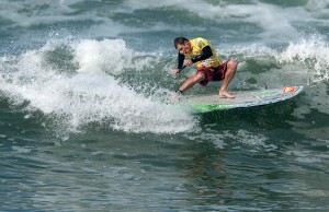 Jamie Mitchell (AUS), Fernando Stalla (MEX), Dylan Frick (RSA), and Ollie Shilston (GBR), from left to right, led the pack in Heat 1 of the Men’s SUP Technical Race. Photo: ISA/Tweddle