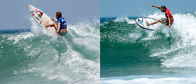 2012 ISA Masters Gold Medalist, Hawaiian Rochelle Ballard, (left) and 2011 ISA Masters Gold Medalist, Aussie Layne Beachley, (right) have secured a Medal for their countries after solidifying their birth into the finals of the Women’s Masters to be held on Sunday.  Photo: ISA/Rommel Gonzales